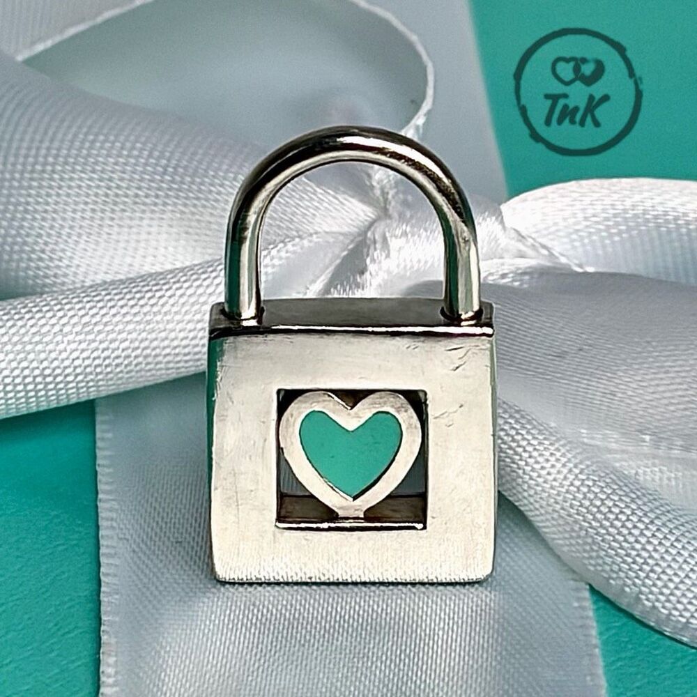 Tiffany & Co sterling silver padlock charm with blue enamel heart